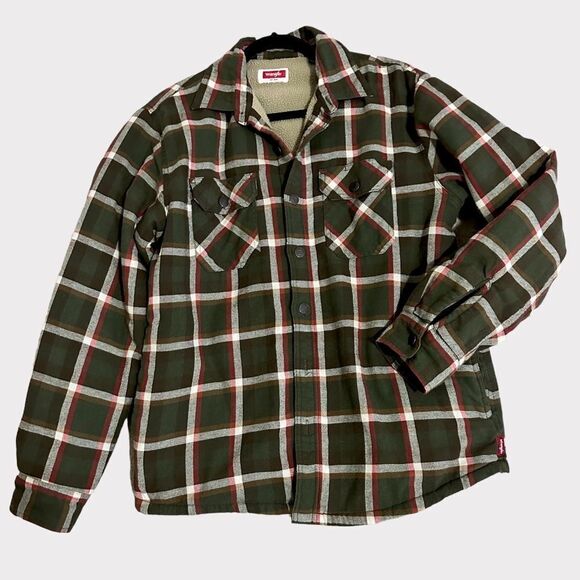 Wrangler Green Plaid Sherpa Oversized Cowboy Long Sleeved Button Shirt Jacket